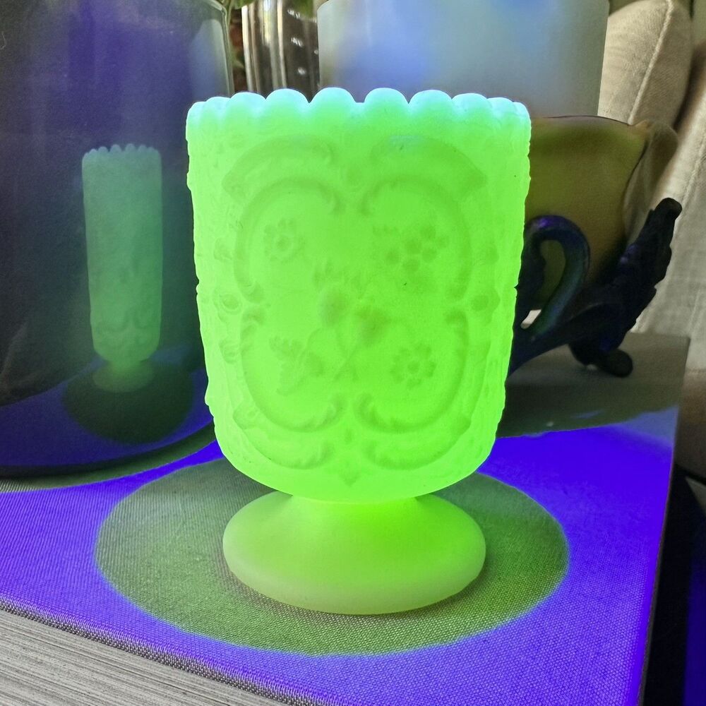 VTG Fenton Satin Custard Uranium Glass Votive/Toothpick Holder Wild Strawberries